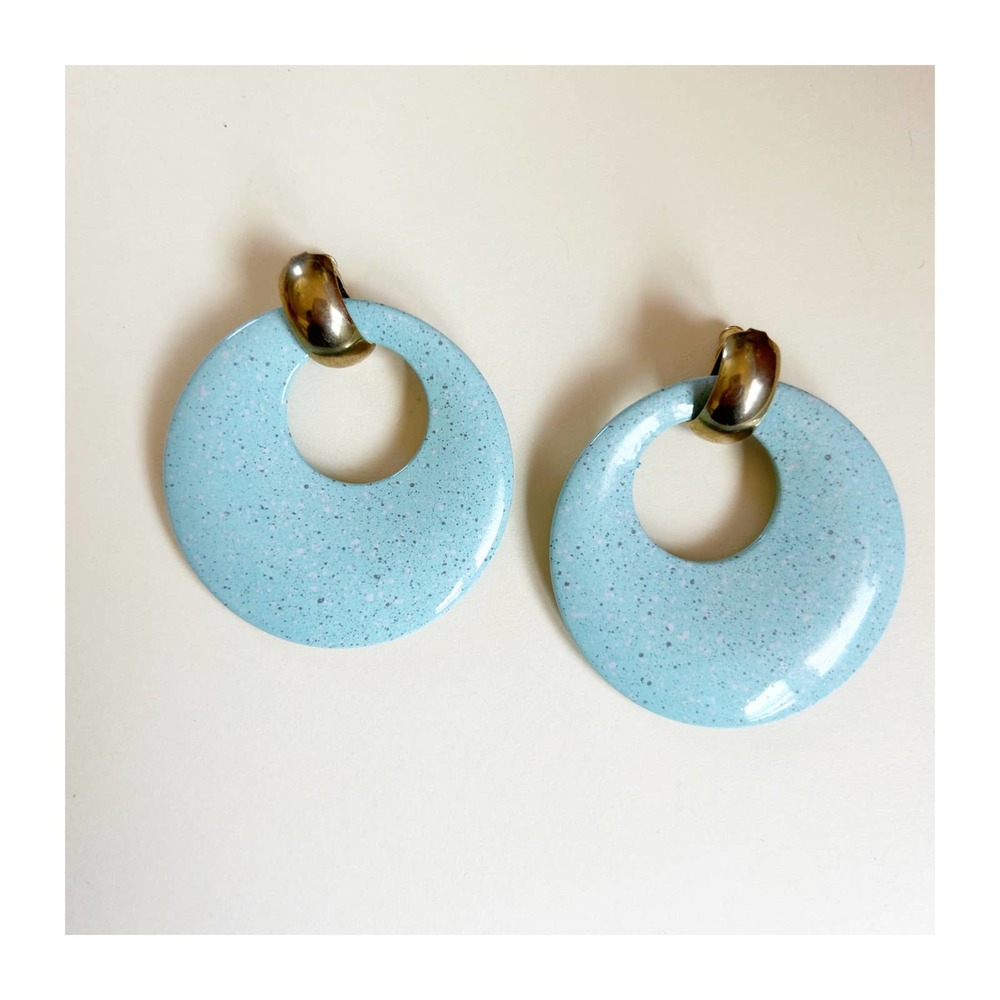 Vintage Pastel Blue Enamel Door Knocker Earrings MCM